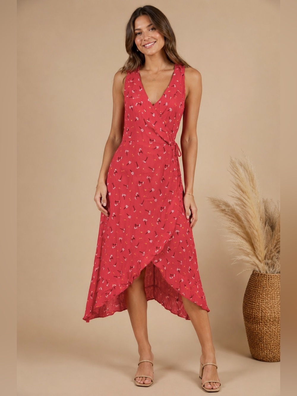 Nordstrom Lumiere Red Ditsy Floral Wrap Midi Dress w/ Asymmetrical Boho Hem 🪙